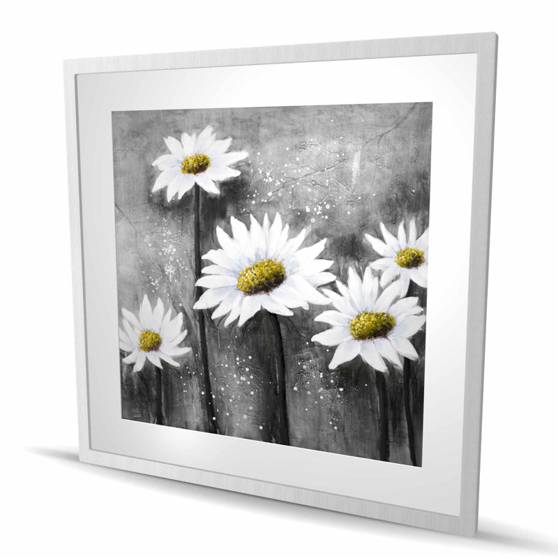 Imprimé floral marguerites encadrées, H 36 po x l 36 po, Argent argent