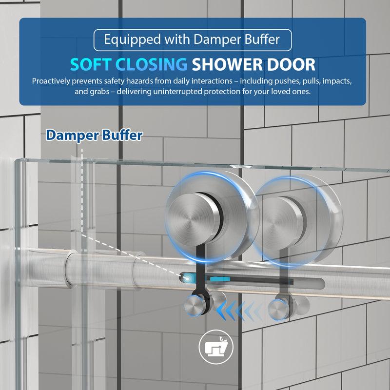55"-60'' W x 76'' H Frameless Sliding Shower Door in Brushed Nickel Finish with 5/16" (8mm) Clear Tempered Glass, Soft-Close, Easy-Clean Coating, Explosion-Proof Film
