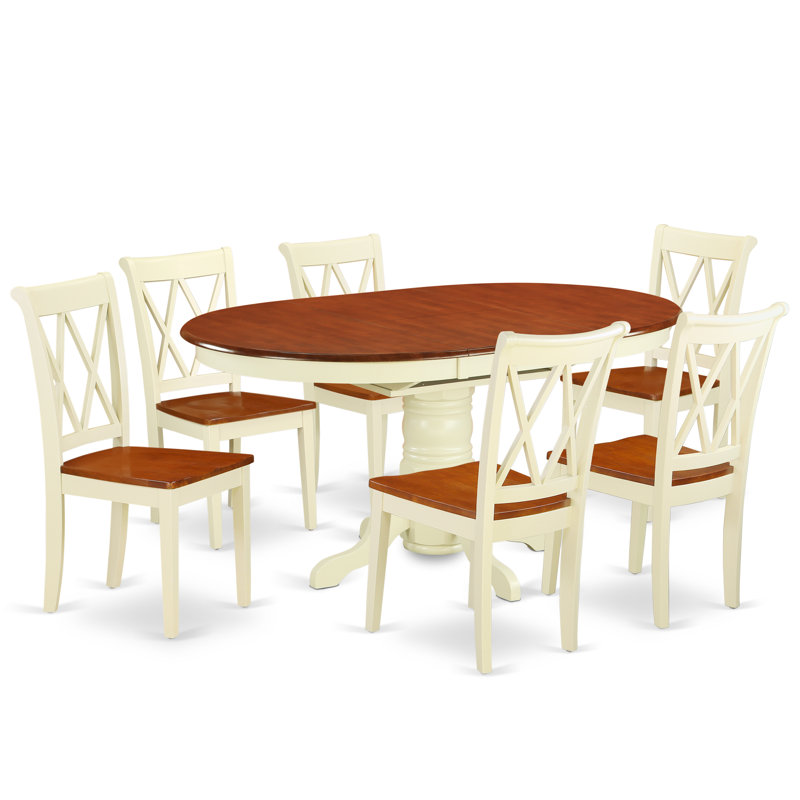 7 Piece Dining Room Table Set Consist of an Oval Wooden Table with Butterfly Leaf and 6 Kitchen Dining Chairs, Buttermilk & Cherry
