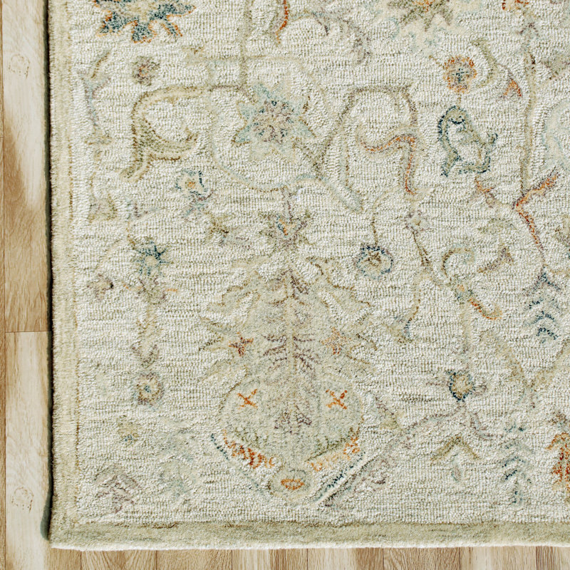 Floral Hand Tufted Wool Area Rug in Cream/Taupe/Blue, Rectangle 2' x 3'