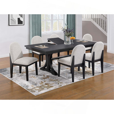 Traditional Look Dining Table And 6X Side Chairs White Finish Fabric Table W Trestle Base Cutout Back Chair 7Pc Dining Set