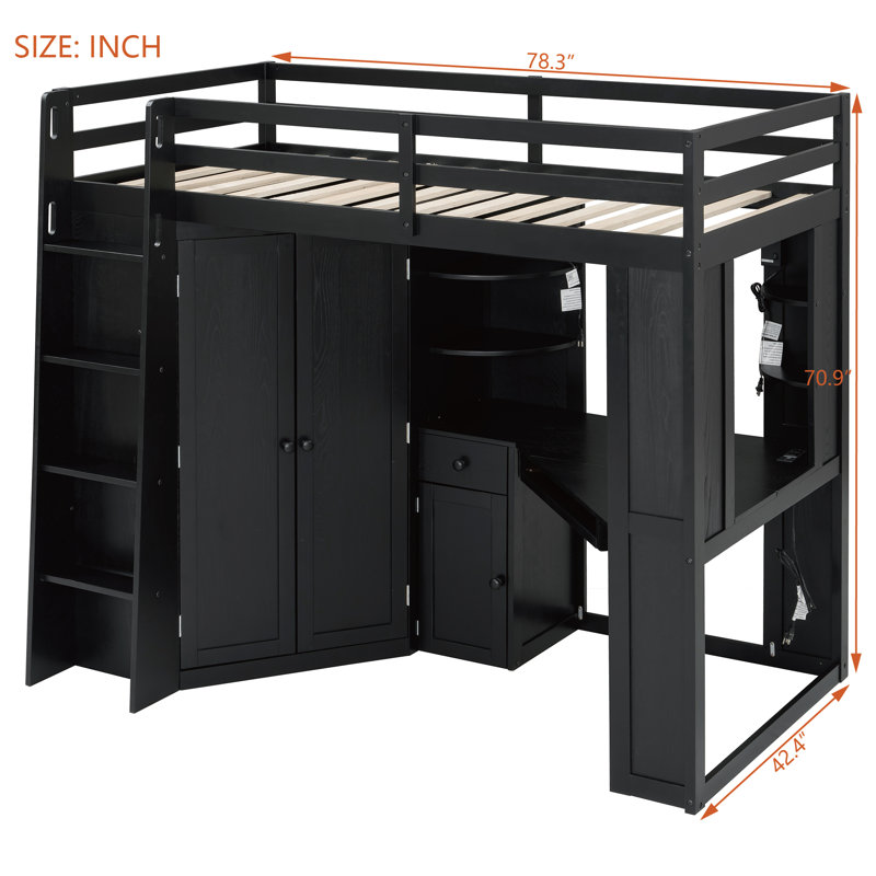 Lit mezzanine simple avec bureau, grande armoire, plateau à clavier coulissant, station de charge et double projecteur - noir