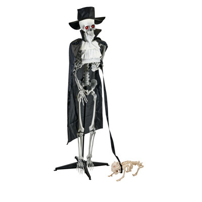 Lifesize Halloween habillé debout squelette promenant un chien en laisse