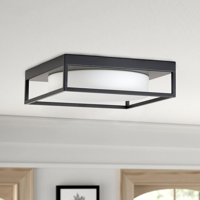 2-Lamp Square Milk Glass Adjustable Ceiling Light, Matte Black