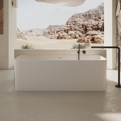 MonBlari 59" X 28" Solid Surface Wall Mounted White Soaking Bathtub With Overflow And Pop-Up Drain For Bathroom