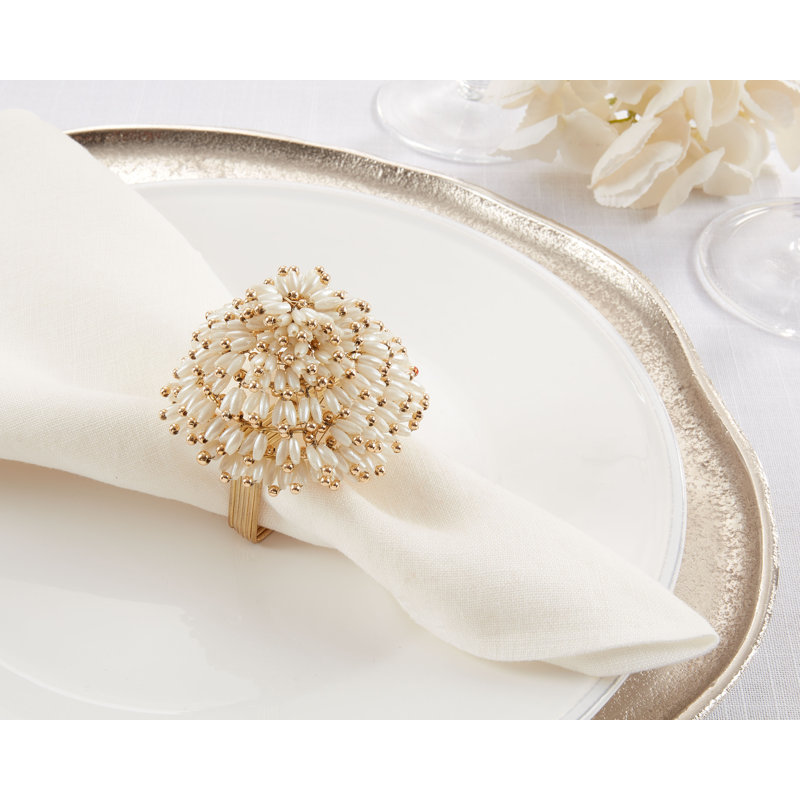 Golden Beaded Design Napkin Ring Holders Set of 4