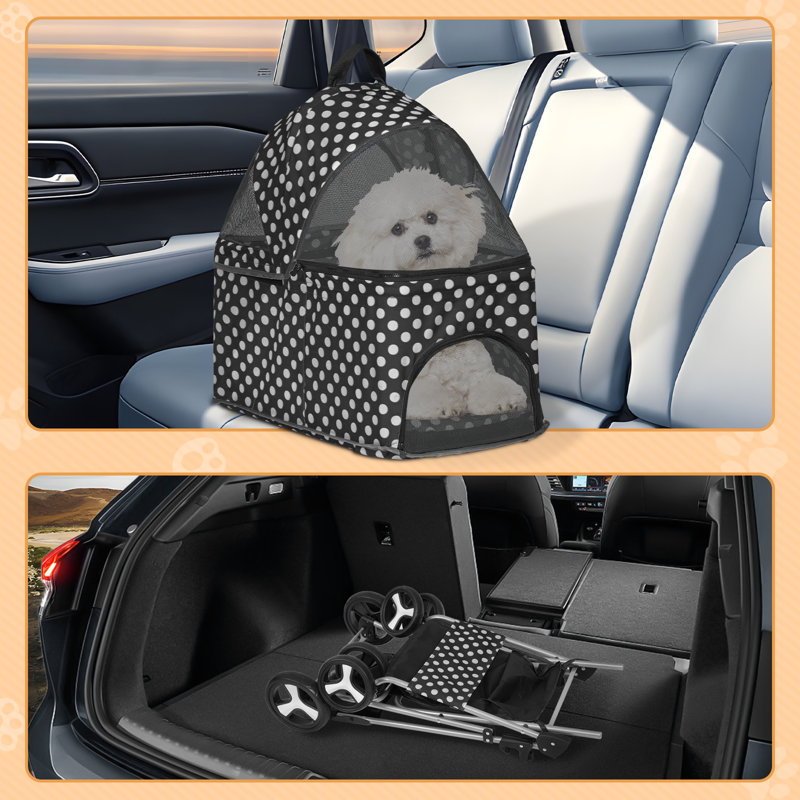 Black and White Polka Dot Foldable Pet Stroller with Steel Frame