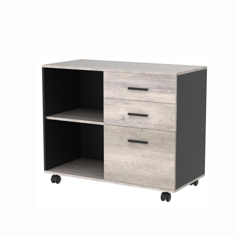 Greige 3-Drawer Wood Mobile Filing Cabinet with Open Shelves