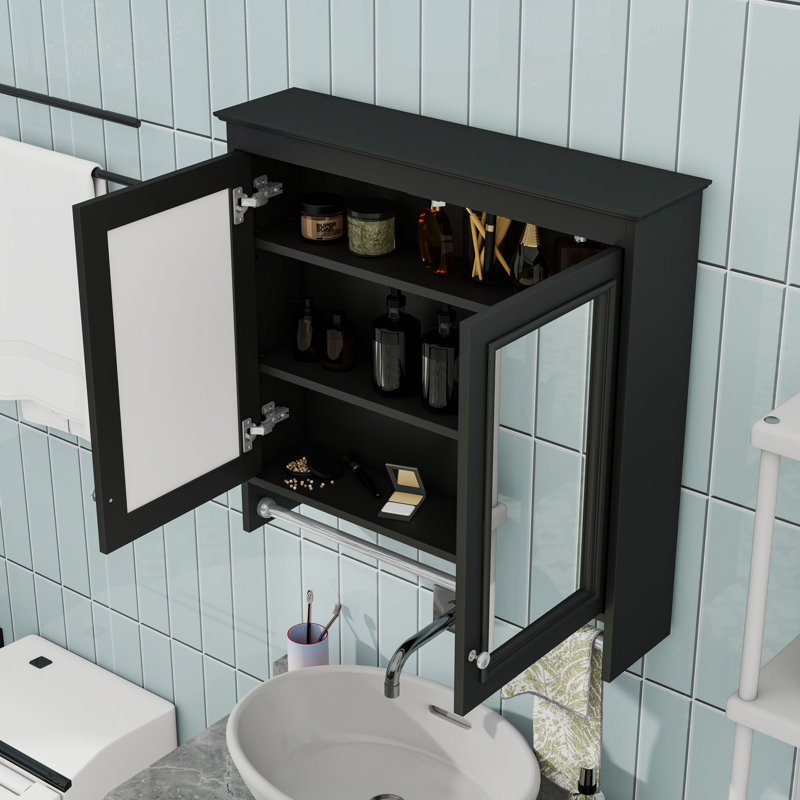 Armoire à pharmacie murale spacieuse avec tablettes réglables et barre à serviettes, Noir