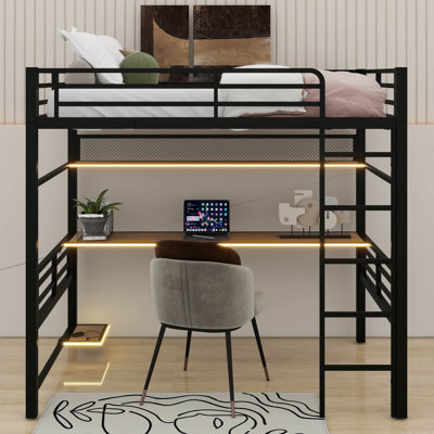 Full Size Metal Loft Bed Frame With Storage Shelf,Iron Mesh And LED Light