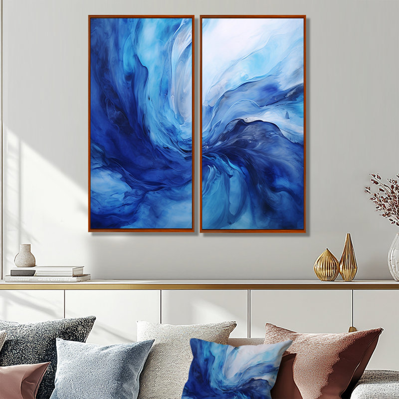 «Blue Emotional Tachisme Waves 2», art mural moderne vert, 40" H x 40" W, Brown, Impression encadrée flottante