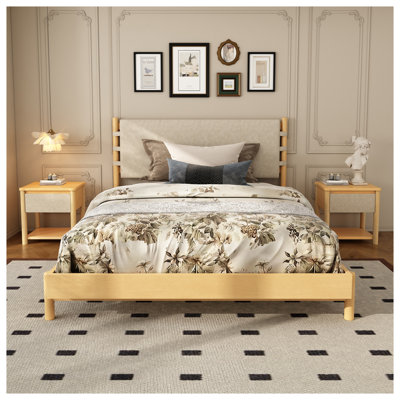 Modern Queen Bed Frame Set with 2 Nightstands in Beige and Natural Wood Finish