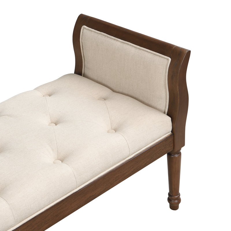 Calla Classic Tufted Upholstered Bench With Curved Arms And Solid Wood Frame, Beige Cushion/Walnut Frame