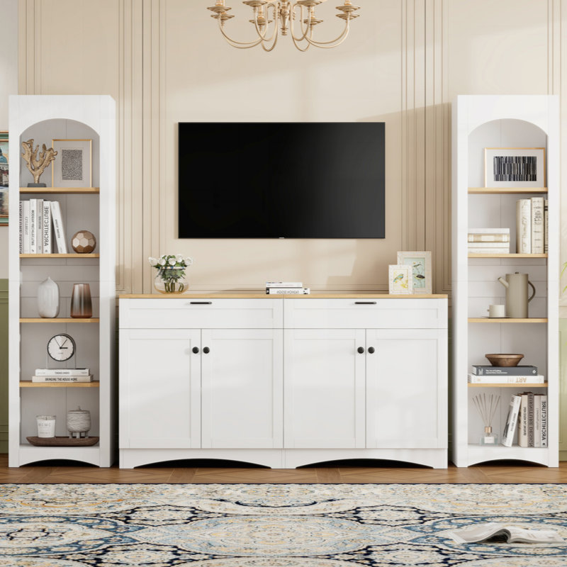 3-Piece Farmhouse Entertainment Center with Storage Cabinet for TVs Up to 70", White