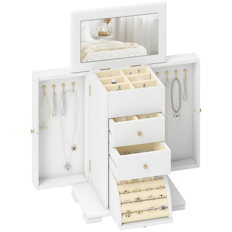 HOMCOM 4-Tier Jewellery Box, Large Jewellery Organiser w/ 3 Drawers, White