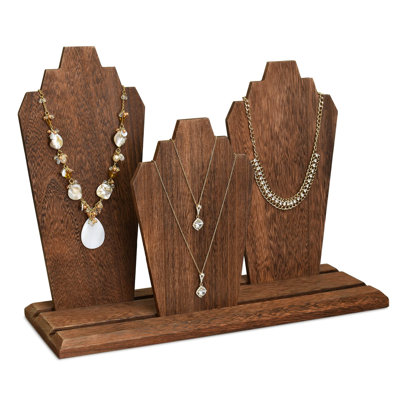 Multiple Wooden Necklace Display Stand With 2-Row Holder, 3 Removable Displays, And Pegs On The Back, Brown Color