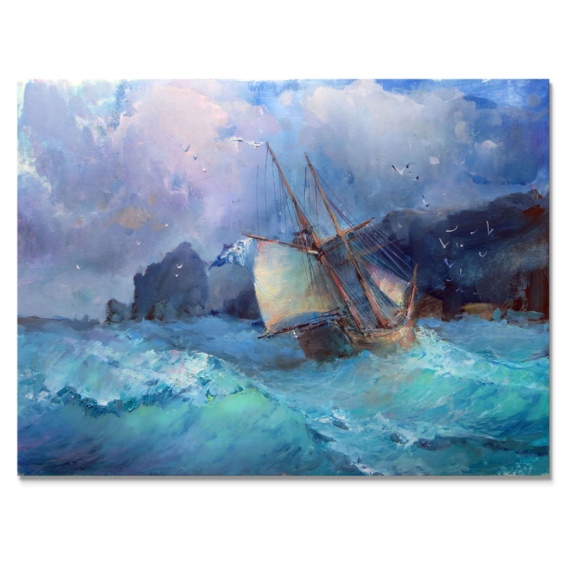 Illustration d'un vieux voilier colonial en tempête IV - Nautique et côtier, H 8 po x l 12 po x P 1 po, Toile tendue