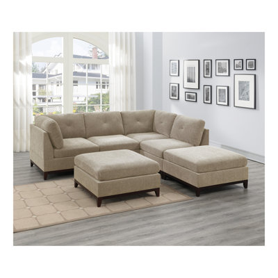 Chenille Fabric Modular Sectional 6pc Set Living Room Furniture Corner L-Sectional Couch 2x Corner Wedge 2x Armless Chairs and 2x Ottomans Tufted Back