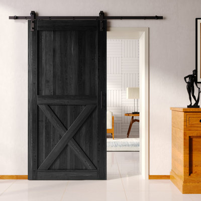 Homacer 96inch High Black Unassembled & Finished X Design Barn Door with Single Door Non-Bypass Installation Hardware Kit, interior use only
