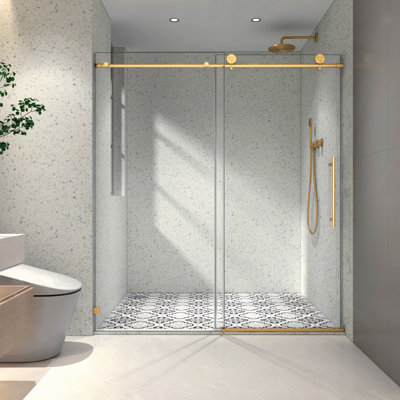 Une porte de douche fixe et une porte décalée sans cadre, de grandes poulies en acier inoxydable 304 de 70 mm avec fonction de fermeture douce réglable, avec nettoyage nano facile et anti-déflagrant