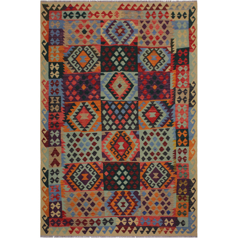 Tapis géométrique beige / orange / noir en laine fabriqué à la main 6 pi x 7 pi 11 po Madee