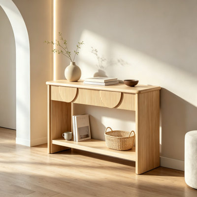 Console moderne cannelée en bois avec 2 tiroirs à fermeture en douceur et tablette inférieure ouverte, canapé de table en bois massif pour le couloir du salon