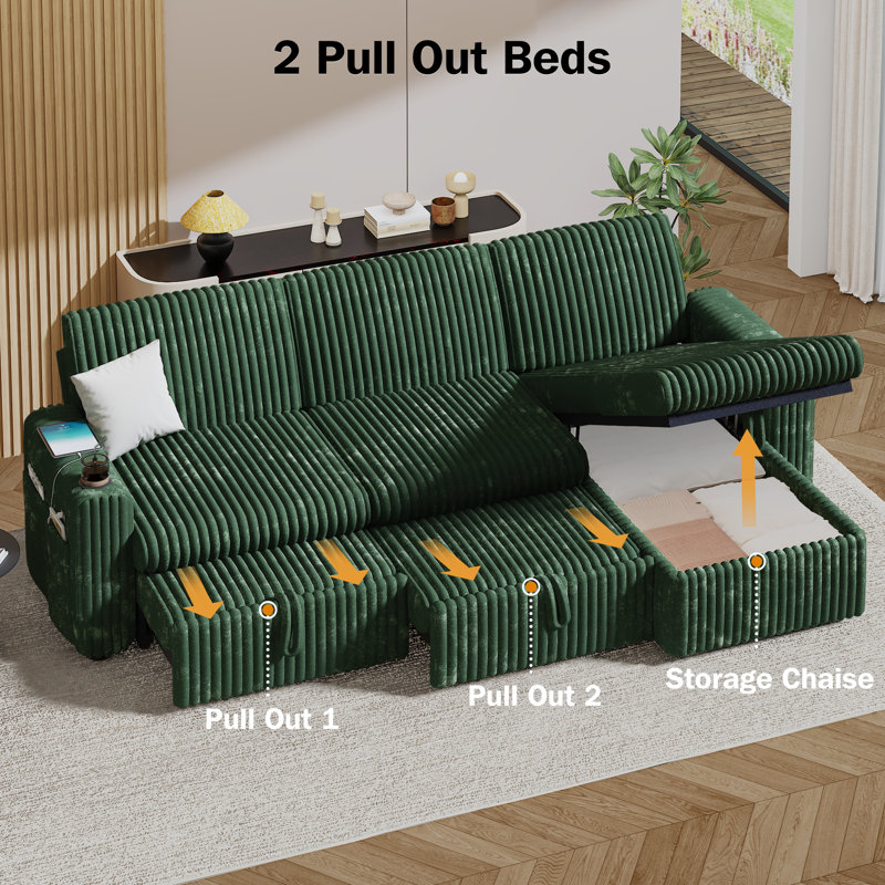 Canapé-lit en forme de L de 101 po, canapé modulaire avec porte-gobelets, méridienne de rangement réversible et ports USB, assemblage sans outil