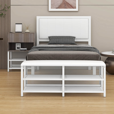 Lit plateforme en métal avec tablettes de rangement à deux niveaux, armoire de rangement en bois