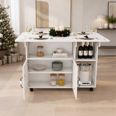 47" Multi-Functional Folding Dining Table with Storage Shelves & Wheels, Compact Space-Saving Desk for Kitchen, Dorm & Office, White