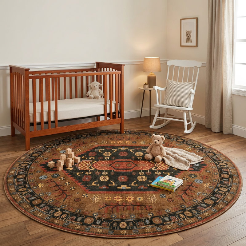 Tapis rond oriental bohème à poils courts, lavable, antidérapant et résistant aux taches, ne peluche pas et ne perd pas ses poils.