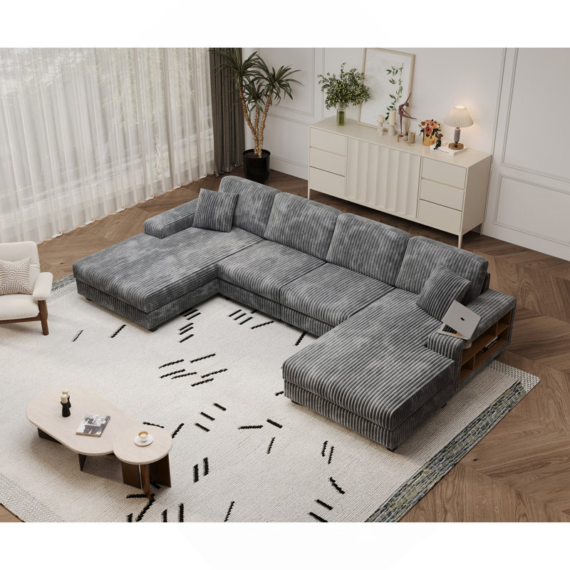 Canapé convertible combiné en forme de U, tissu velours côtelé, canapé moderne confortable de grande taille à 4 places, fauteuil double salon, gris foncé