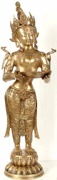 30" Handmade Brass Tara Statue with Oil Lamp – Traditional Indian Goddess Floor Sculpture