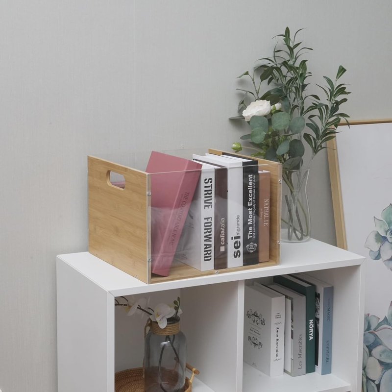 Lot de 2 boîtes de rangement pour disques vinyles, caisse en bambou et acrylique | Présentoir à disques vinyles visible avec poignée, porte-CD cubique pour le rangement et l'organisation de vos albums LP, facile à assembler