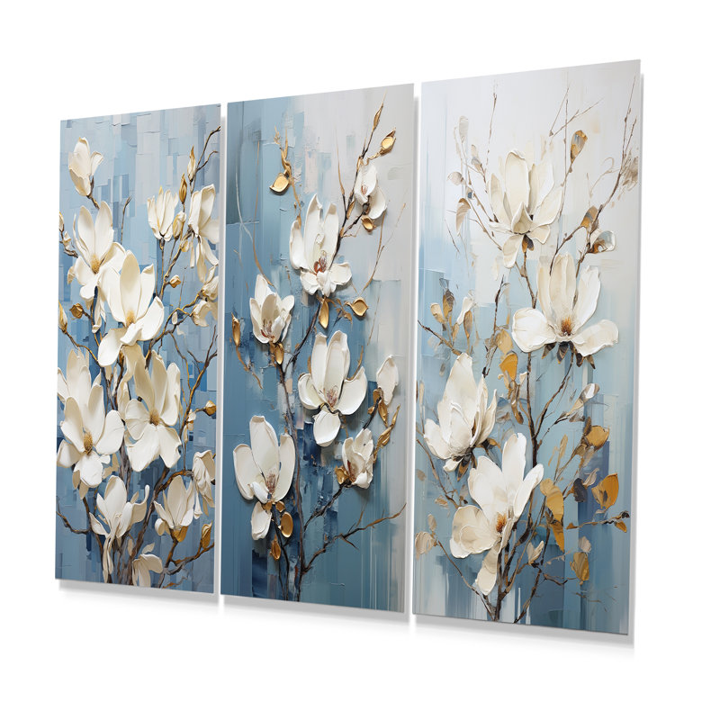Ensemble de 3 élégantes sérigraphies magnolias blanches et bleues - magnolias, H 32 po x l 48 po, Floral I