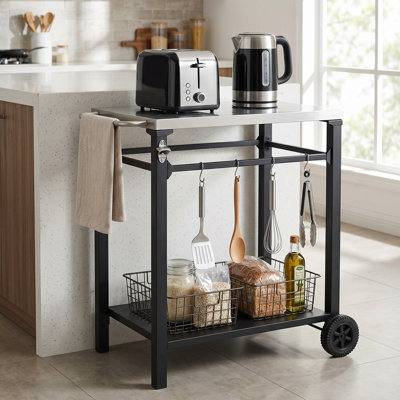 Chariot de cuisine mobile pour l'extérieur - plateau en acier inoxydable et rangement multifonctionnel