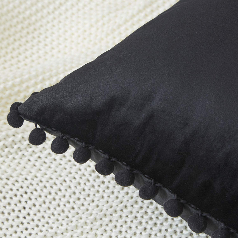 Pom Pom Velvet Tassels Pillow Cover, Black, 18"x18"
