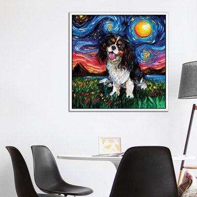 Tri Color Cavalier King Charles Spaniel Night by Aja Trier - Painting on Canvas