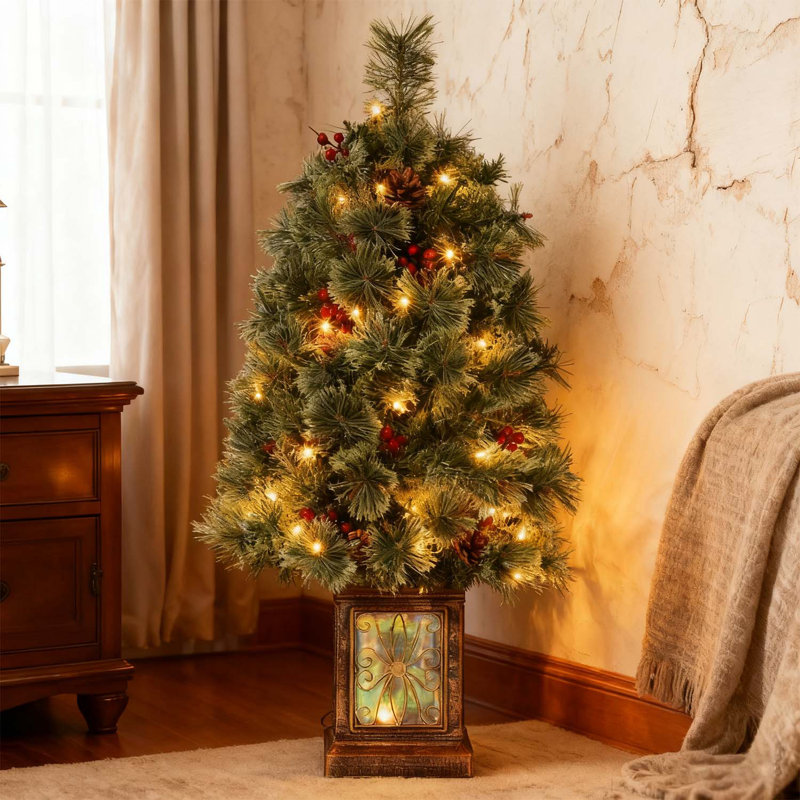 Petit arbre de Noël de 3 pi avec lumières et pot rétro pour les décorations de fêtes d'entrée de bureau à domicile