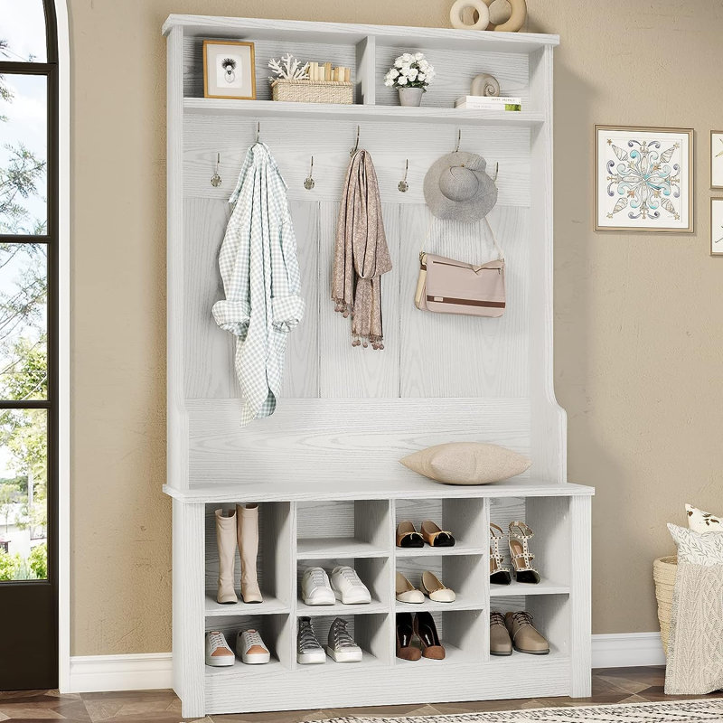 Arbre d'entrée de 39,4 po de large avec banc et rangement pour chaussures Auben, White
