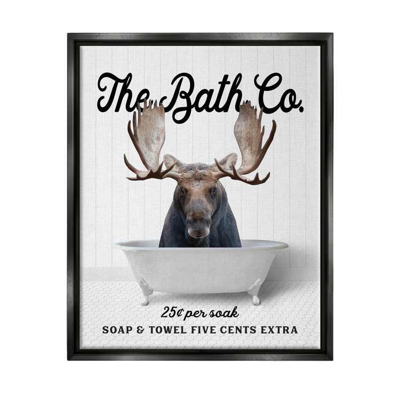 «Trinx Vintage Bath Ad Moose», art mural encadré sur toile flottante par lettré et doublé, Cadre flottant noir de jais