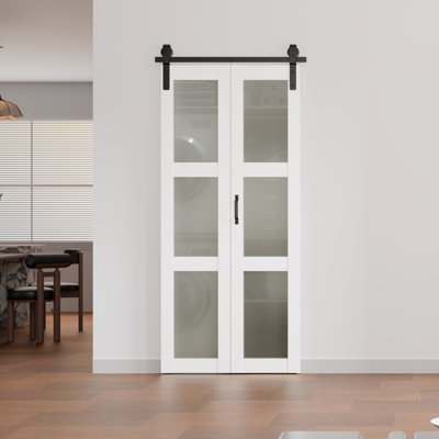 3 - Lite Frosted Glass Bi-Fold Barn Door With Hardware Kit