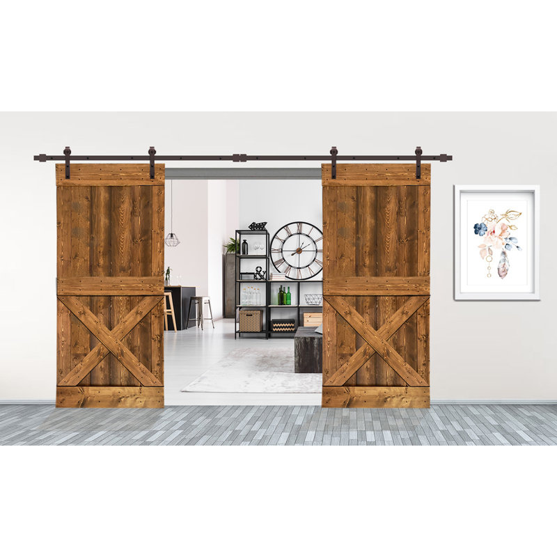 Porte de grange à panneaux et en métal avec trousse de quincaillerie d'installation, 36 po x 84 po, Noyer
