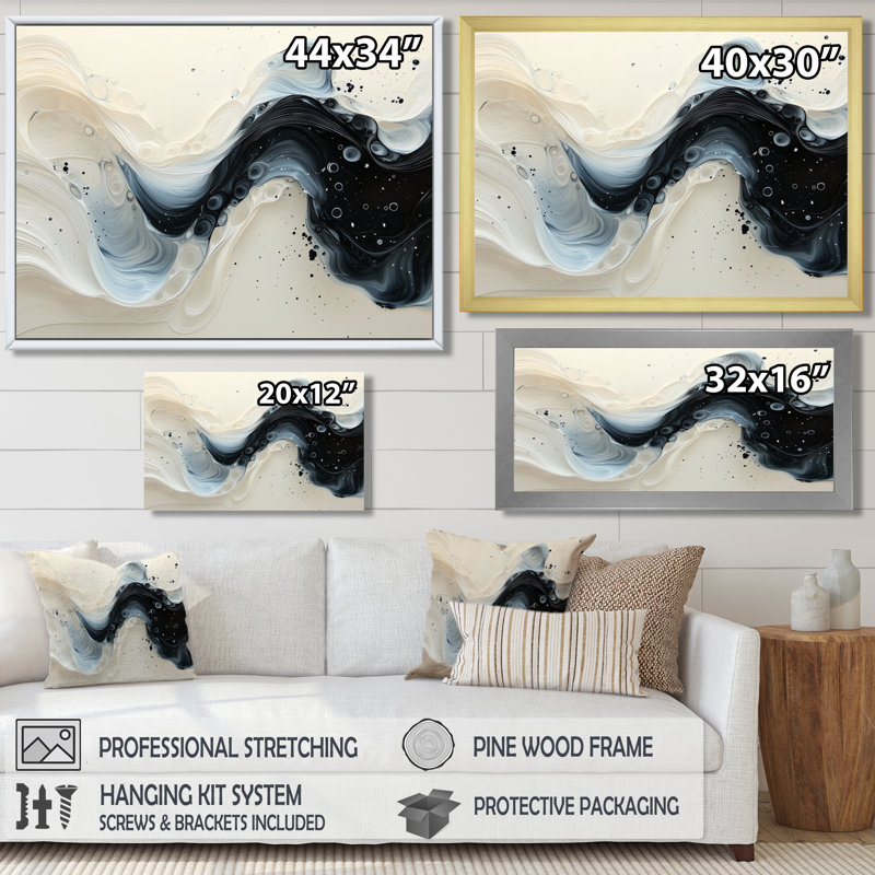 Chesham noir et blanc, Sprial, encre rythmique, rivière I - goutte, art mural, H 30 po x l 40 po, Toile tendue