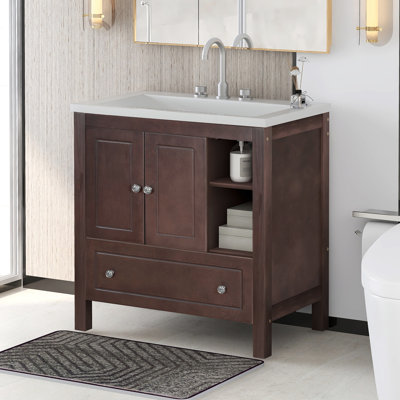 [vidéo] Meuble-lavabo brun de 30 po avec lavabo, structure en bois massif, armoire de rangement avec portes et tiroirs, lavabo en céramique