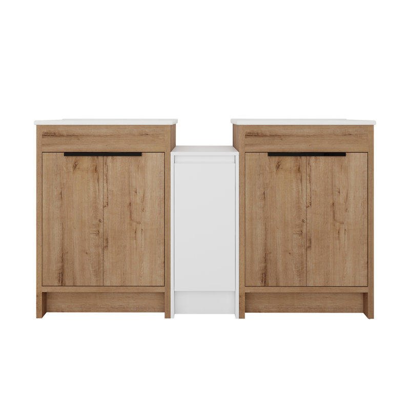 De meuble-lavabo moderne double avec lavabo en céramique avec deux unités de rangement et système de porte à fermeture en douceur