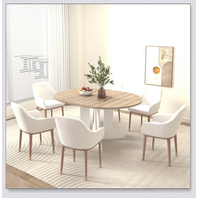 Dining Table for Farmhouse Kitchen 59x43 Inch Expandable Oval Table Top with Removable Leaf Trestle X Shaped Base White by August Grove
