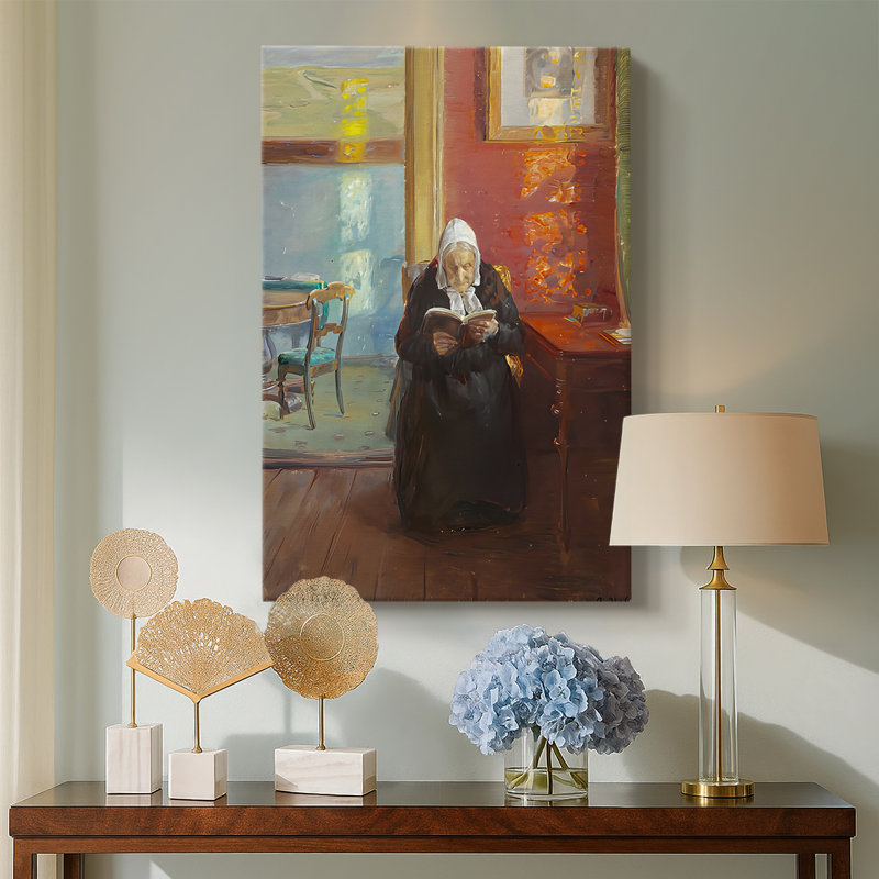 Chambre rouge avec la mère de l'artiste Ane BrOndum lecture - toile tendue par Anna Ancher, 24 po x 36 po