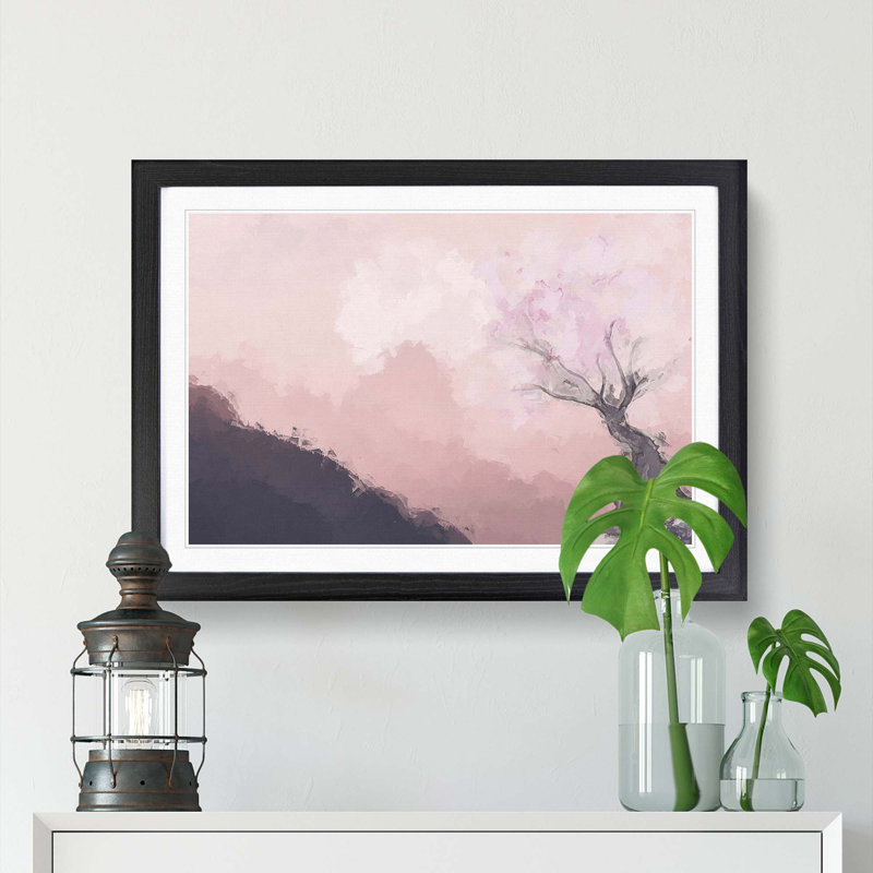 The Pink Cherry Blossom Tree in Abstract - Picture Frame Painting Print on MDF, 62cm H x 87cm W x 2cm D, Black Framed