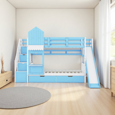 Lit superposé simple au-dessus d'un lit simple de style château avec 2 tiroirs et 3 glissières
