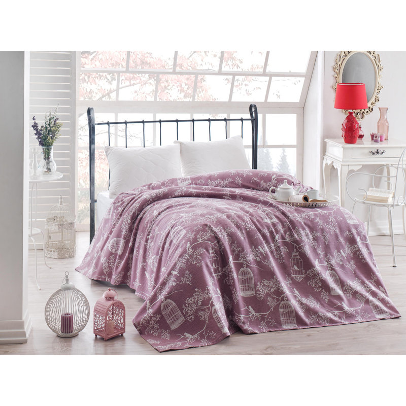 Couvre-lit 100% coton mendoza mauve / blanc, Couvre-lit simple